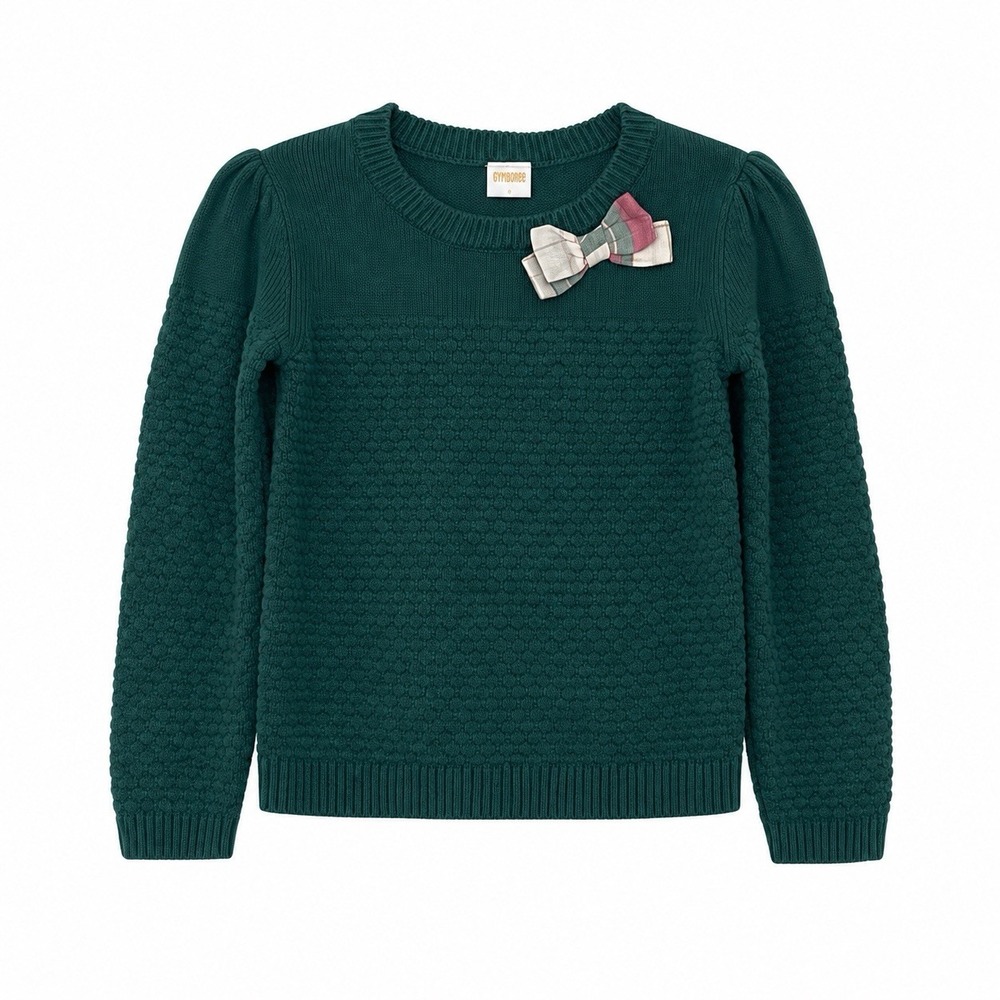 Girls Size 6 Gymboree Green Cotton Pullover Sweater Plaid Bow School Christmas
